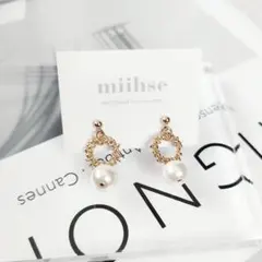 デザイン リング パール ピアス ハンドメイド　ゴールド　イヤリング