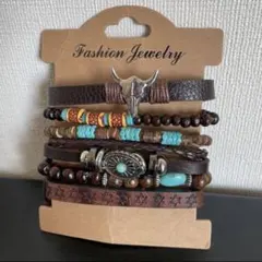 ターコイズブレスレット　ウッドブレスレット　レザー調　腕輪ブレスレット6点セット