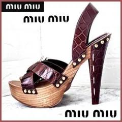 MIU MIU ミュウミュウ✥クロコ型押しレザー ウッドソール サンダル 37のサムネイル