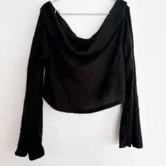 ★黒 オフショルダー リブ編み クロップドセーター フレアスリーブ プラスサイズ