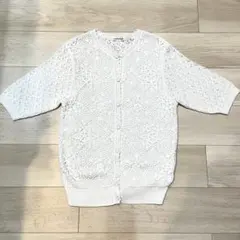 レース編み半袖カーディガン オフホワイト Mサイズ アクリルリネン