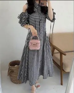 GRLギンガムチェック柄ショルダーオープンフリルワンピース　Lサイズ