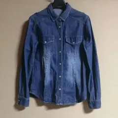 インディゴブルー　デニムシャツ ウォッシュ加工