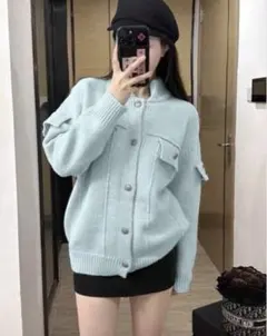 SHEIN ライトブルー ボタン付きカーディガン