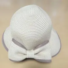 麦わら帽子 リボン付き ストローハット ベージュ 57.5cm 日よけ 帽子