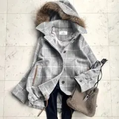 極美品 モラビト 3WAY ラクーンファー付きチェックウールコート フード 38