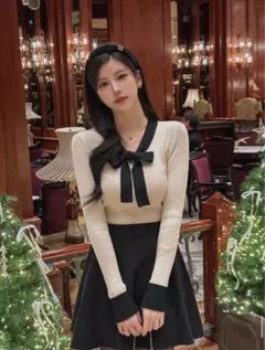 配色 ボウタイ リボン ネック ニット DHOLIC 同型アイボリー