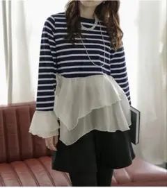 ネイビー ストライプ ペプラム　フレア　トップス