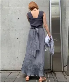 良品☆フレイアイディー　ビスチェニットコンビワンピース　ブルーグレー　F