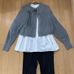 インゲボルグ グレー色ボレロ風カーディガン＆長袖チュニックブラウスアンサンブル