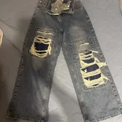KENVIBE】個性的なパッチワークスター ワイド デニムパンツ サイズL 