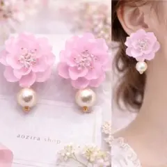 ガラス風ピンク桜　コットンパール　ピアス　イヤリング