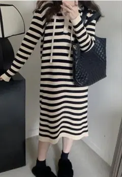 ストライプリブ編みロングワンピース