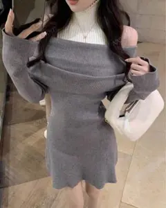 グレー オフショルダー ニットワンピース