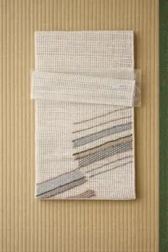 【３月限定値下げ 夏帯・正絹/美品】透け感のある夏八寸帯/ベージュ系 チェック柄