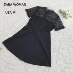 ザラウーマン　ワンピース　膝丈　半袖　レース　フリル　フォーマル　パーティー　黒