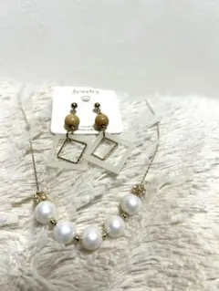 新品 ロペピクニック コットンパールネックレス＆ウッドスクエアピアス