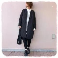 キルティング　コート　ジャケット　ブラック　黒　無地　ロング　膝丈　フード　韓国