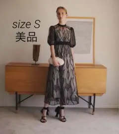 【LEJA】スパンコール刺繍レースプチハイネックAラインドレス パーティードレス