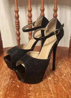 dazzy store ブラックグリッターオープントゥハイヒール