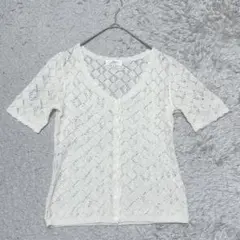 透かし編み　カーディガン　Ｖネック　半袖［M］ホワイト系