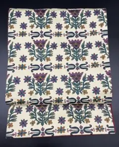 美品！【八寸 名古屋帯】紬 型絵染 手染め 花唐草 鳥 茜色 藍色 萌葱色