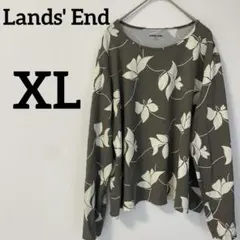 Lands' End【XL】花柄　長袖Tシャツ オリーブグリーン　総柄トップス