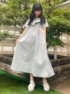 merry jenny フリルbigカラーミモレワンピース アイスブルー