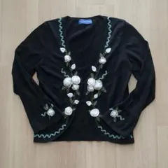 自由が丘ブルーコレクション　　 花モチーフ装飾カーディガン 極美品