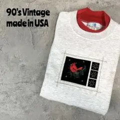 80's レトロ古着　USA製　インコ刺繍　二枚襟モックネック　トレーナー
