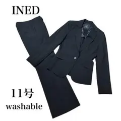 極美品 イネド 洗える 美シルエット パンツスーツ 黒 シャドーストライプ　Lのサムネイル