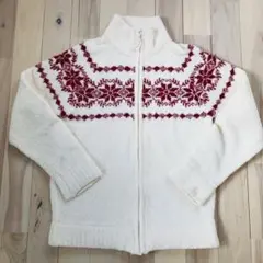 【美品】ふわふわモコモコ　赤い模様ジップアップセーター　男女兼用