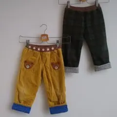 2点ミキハウスイエロークマ刺繍パンツとホットビスケッツグリーンチェックパンツ