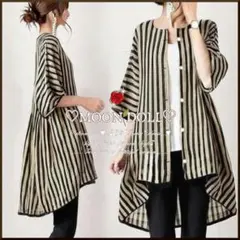 【～3L4L相当】ストライプ柄テールカット七分袖ブラウスカーディガン/羽織り