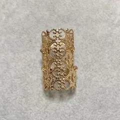 ゴールドカラーレース調デザイン3連ワイドオープンフォークリング幅広指輪