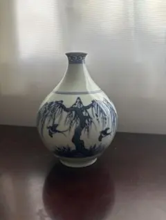 美品】特大38cm 砥部焼 萩窯 花瓶 玉壺春瓶 花鳥紋 染付 飾り壺 華道