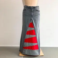 【一点物】ハンドメイド リメイクデニムロングスカート 帯 和柄×赤 個性派