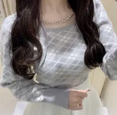 evelyn エブリン チェックネックレスニット ブルーのサムネイル