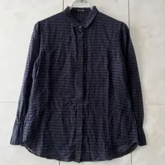 コムサデモード シルク混 シアーチェックシャツ ブラウス 9号　ネイビー