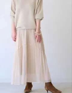 ハグオーワー 新作 オーガンジーパネルプリーツスカート ヌードベージュ