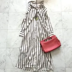 美品 ビューティアンドユース ロングシャツワンピース ストライプ 綿ポリエステル