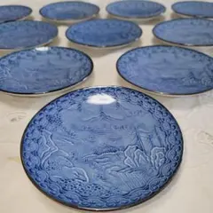 有田焼　肥前焼　哲三郎窯　小皿10枚揃い　山水画　和皿　青色　ヴィンテージ