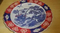 最終値引【風景画の丸型皿 赤青装飾】早い者勝ち！