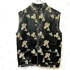 アーカイブ y2k 00s 中綿入り サテン チャイナ服 ベスト 黒 花柄