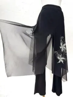 【花ラインストーン】新品オーバーメッシュデザインブーツカットパンツ 黒m290A