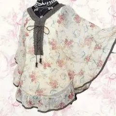 y2k 花柄 羽 ポンチョ チュニック フェアリーグランジ 森ガール 平成ギャルのサムネイル