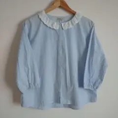 SM2 水色 ストライプ レース襟 バルーン袖シャツ トップス