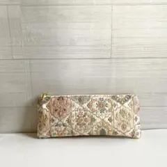 インド刺繍生地 合成皮革のフラットポーチ20cmファスナー ハンドメイド