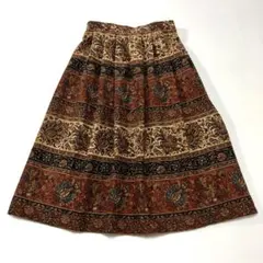 昭和レトロアジアン柄ロングスカート花柄Aラインシルエットブラウン古着