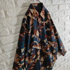 モダンアート風 抽象模様 長袖ポリシャツ 日本製 テロ感 太アーム 総柄 L相当